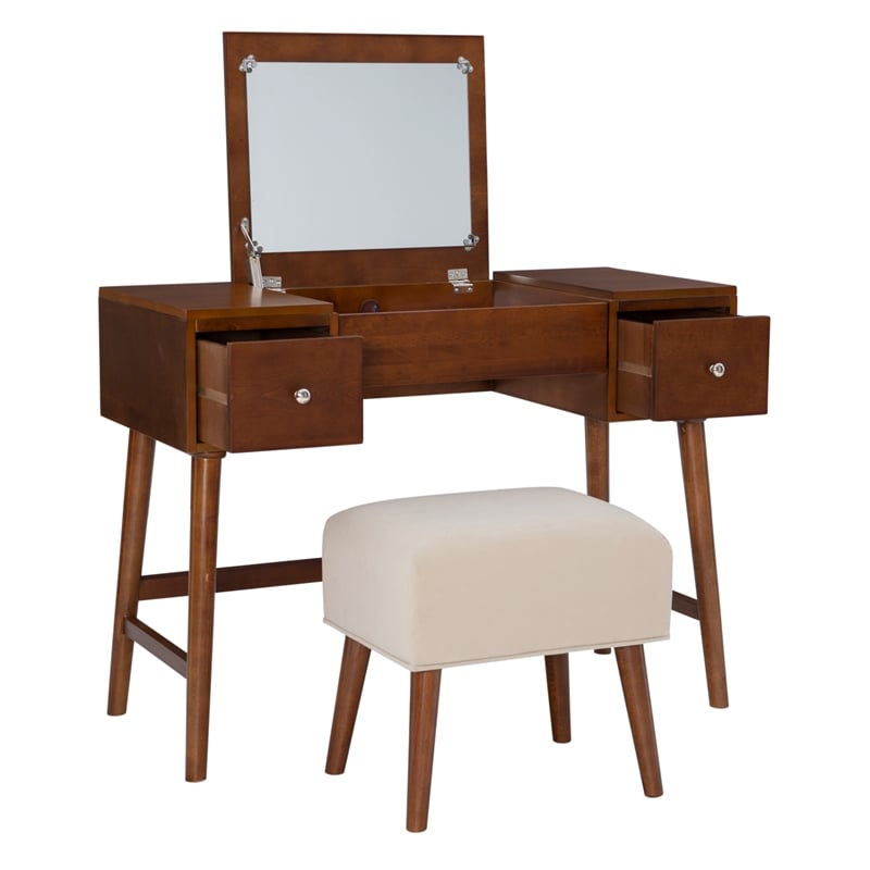 Pemberly Row Wood Vanity & Stool Set Flip Up Mirror 2 Drawers in Walnut Brown