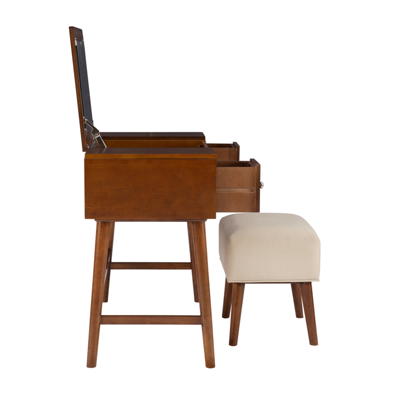 Pemberly Row Wood Vanity & Stool Set Flip Up Mirror 2 Drawers in Walnut Brown
