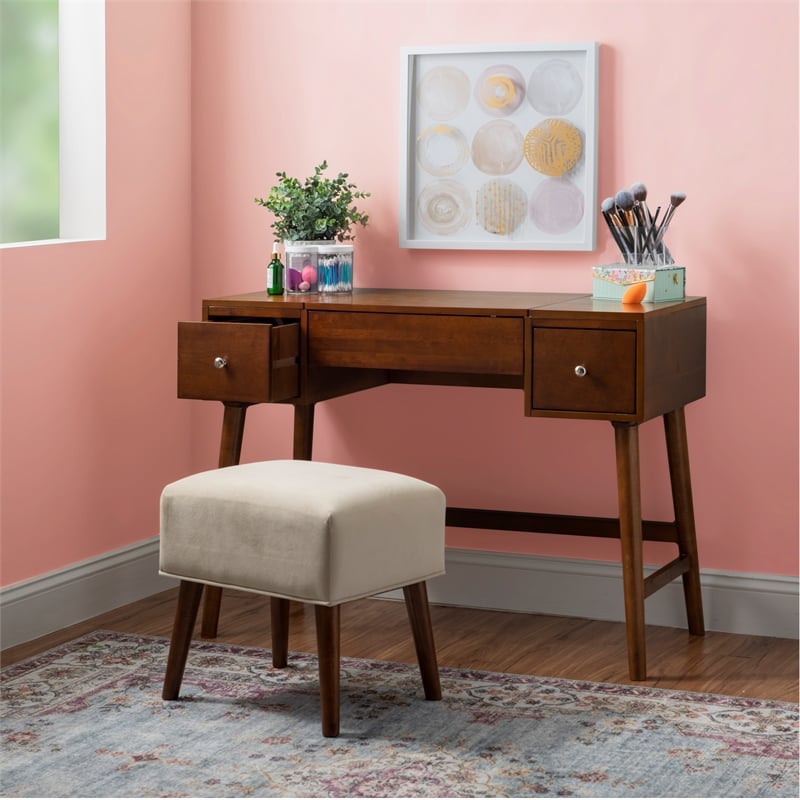 Pemberly Row Wood Vanity & Stool Set Flip Up Mirror 2 Drawers in Walnut Brown