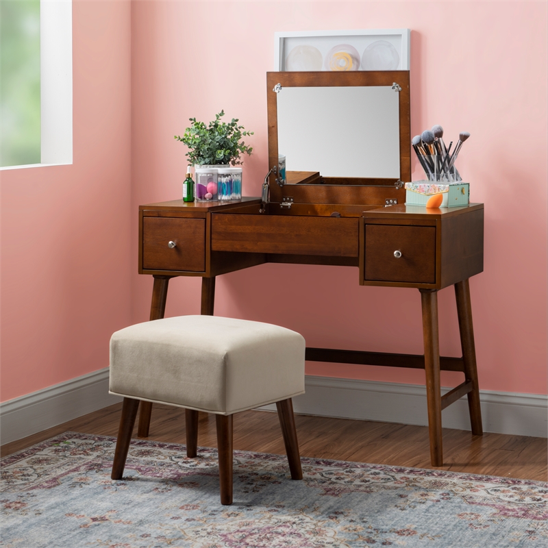 Pemberly Row Wood Vanity & Stool Set Flip Up Mirror 2 Drawers in Walnut Brown