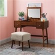 Pemberly Row Wood Vanity & Stool Set Flip Up Mirror 2 Drawers in Walnut Brown