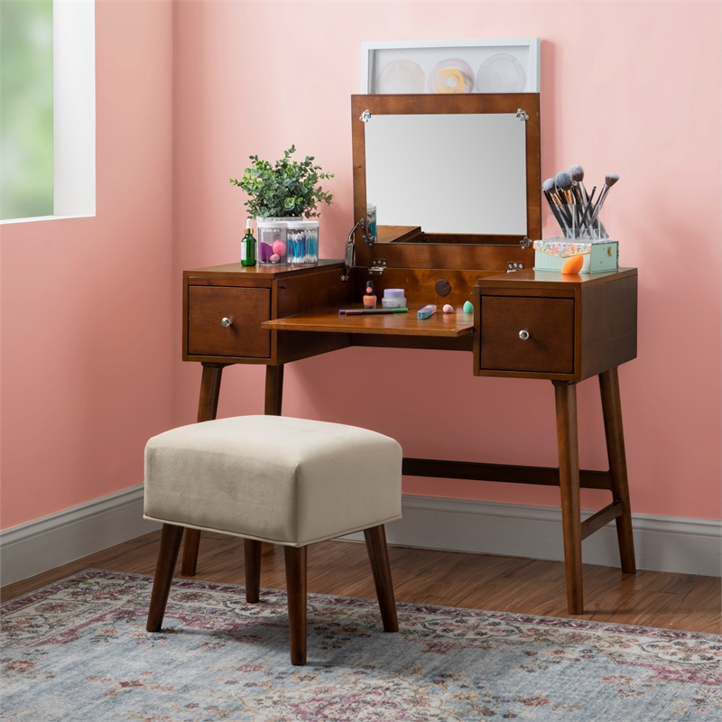 Pemberly Row Wood Vanity & Stool Set Flip Up Mirror 2 Drawers in Walnut Brown