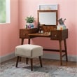Pemberly Row Wood Vanity & Stool Set Flip Up Mirror 2 Drawers in Walnut Brown