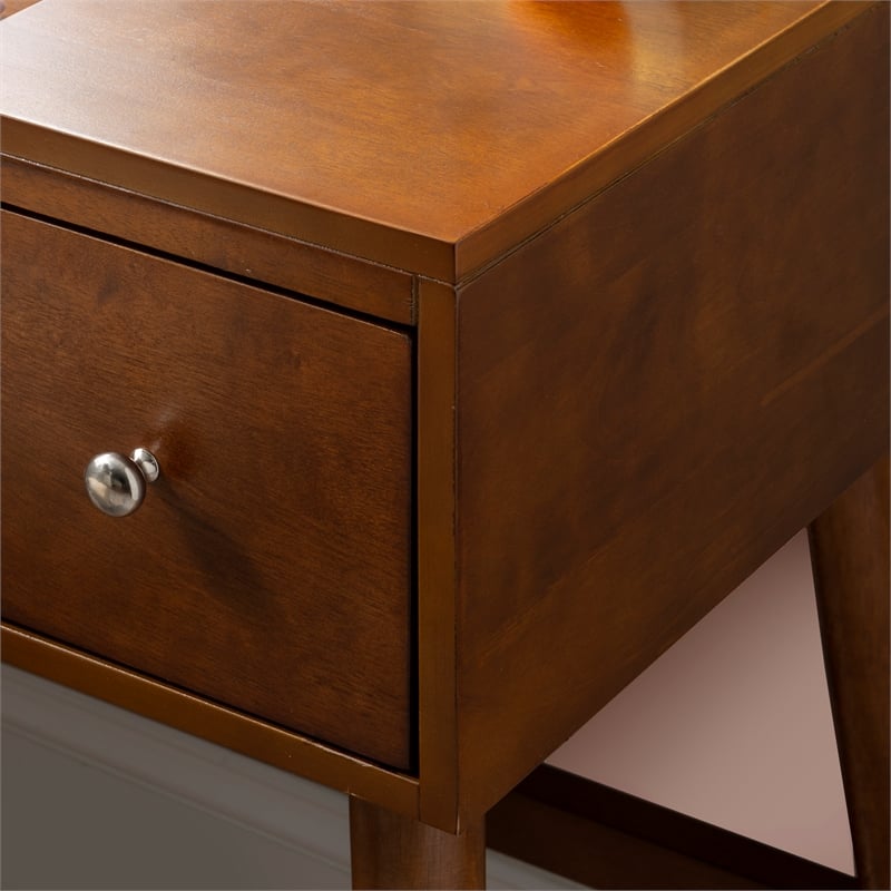 Pemberly Row Wood Vanity & Stool Set Flip Up Mirror 2 Drawers in Walnut Brown