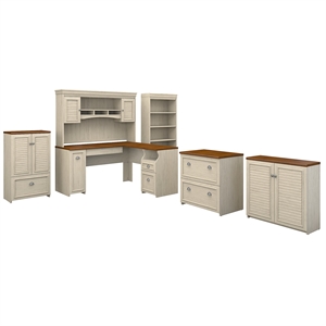 Pemberly Row Contemporary L Desk 6 Pc Office Set in Antique White