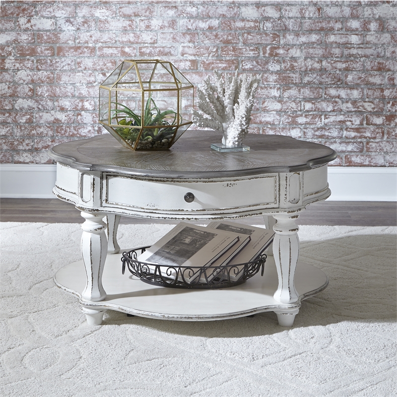 Pemberly Row Contemporary Manor White Finish Round Cocktail Table