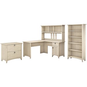 pemberly row l-shaped wood desk with hutch & storage in antique white