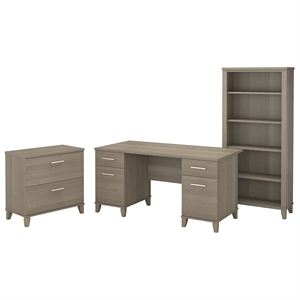 Pemberly Row 60&quotW Desk with File Cabinet & Bookcase in Ash Gray