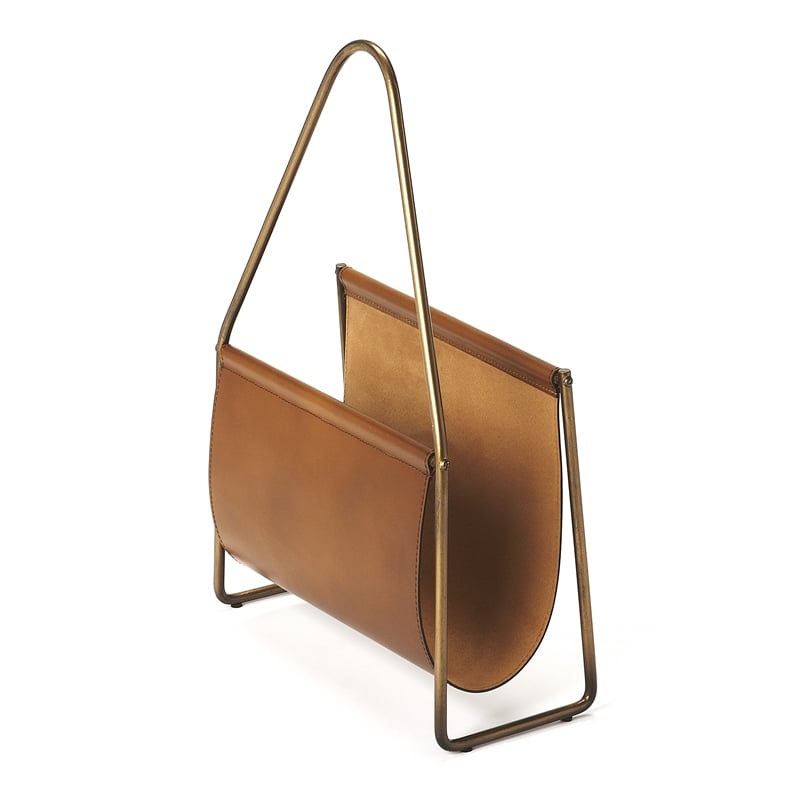 Pemberly Row Contemporary Leather Magazine Basket In Brown Finish