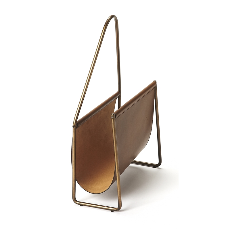 Pemberly Row Contemporary Leather Magazine Basket In Brown Finish