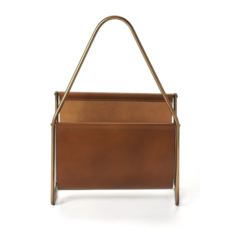 Pemberly Row Contemporary Leather Magazine Basket In Brown Finish