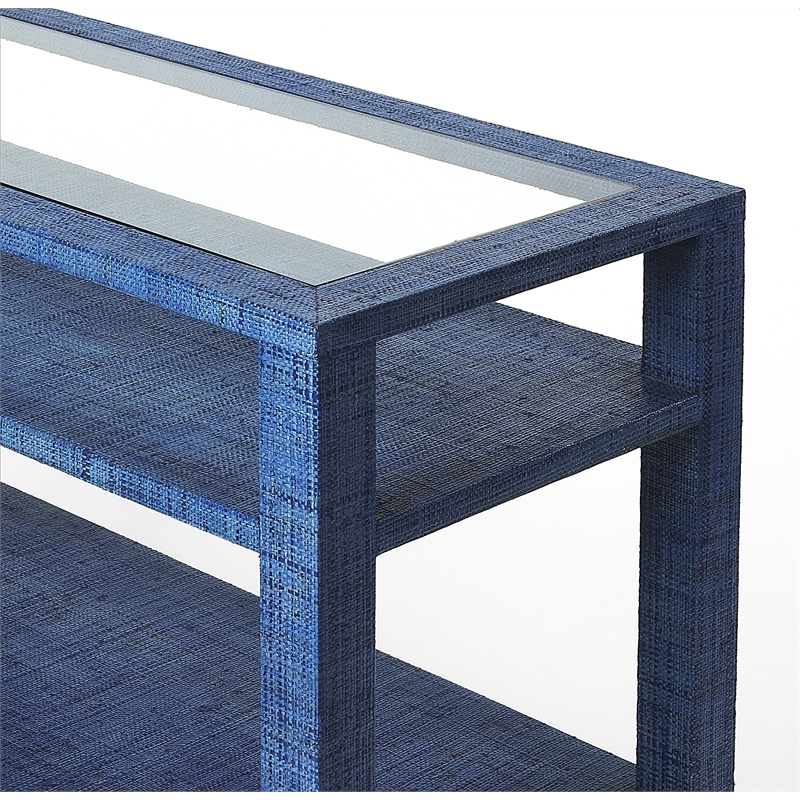 Pemberly Row Contemporary Raffia Console Table In Blue Finish