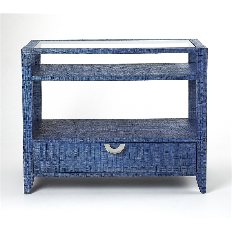 Pemberly Row Contemporary Raffia Console Table In Blue Finish