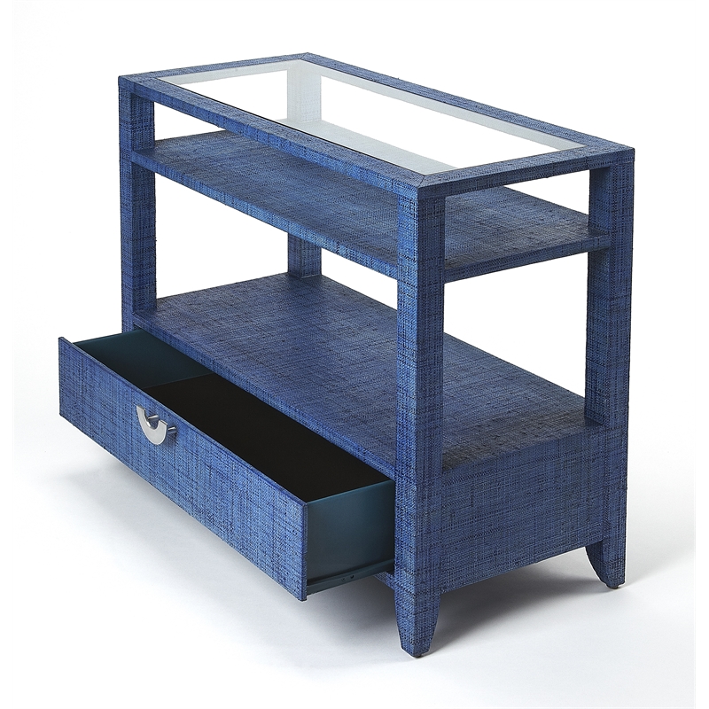 Pemberly Row Contemporary Raffia Console Table In Blue Finish