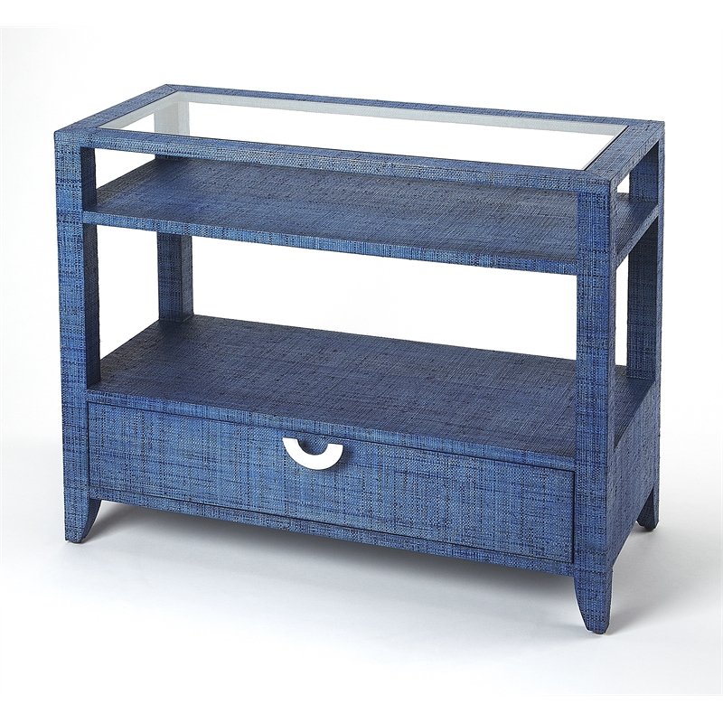 Pemberly Row Contemporary Raffia Console Table In Blue Finish