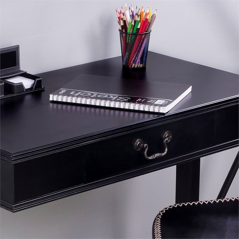 Pemberly Row Contemporary Wood Writing Desk in Black Finish with Lacquer