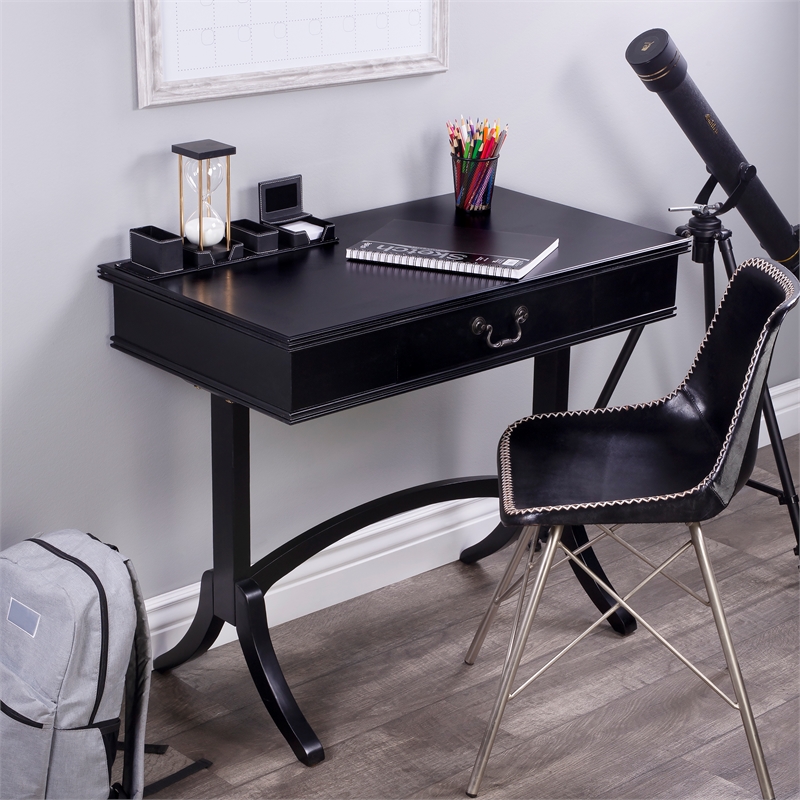 Pemberly Row Contemporary Wood Writing Desk in Black Finish with Lacquer