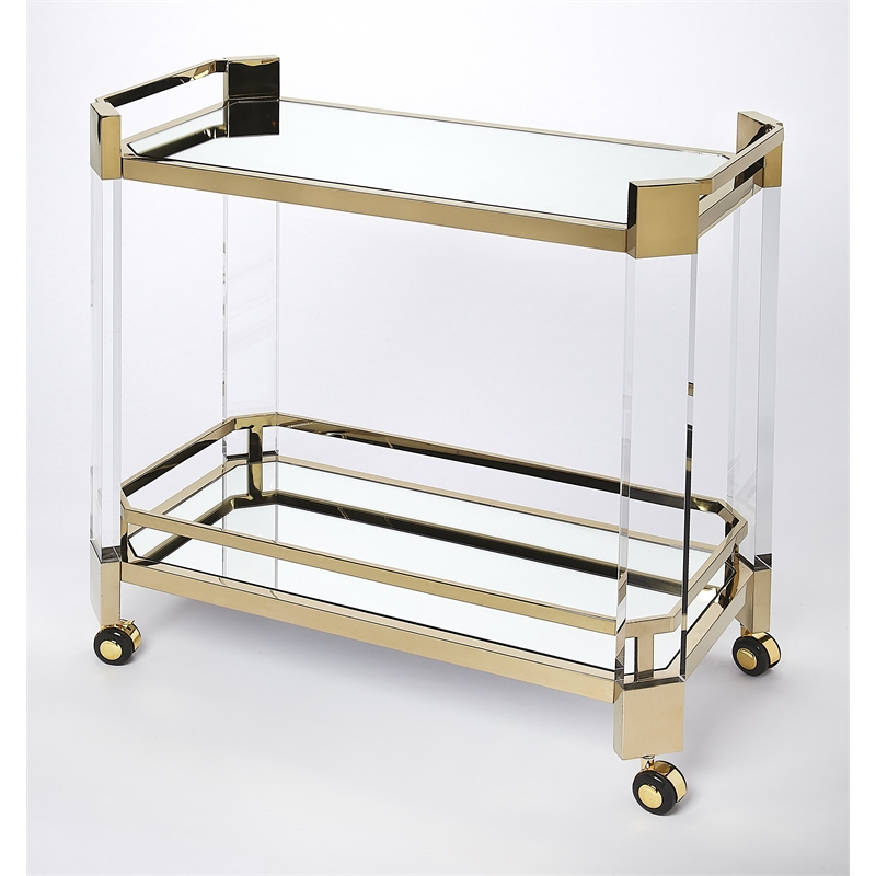 Pemberly Row Contemporary Acrylic 2-Tier Bar Cart - Clear & Gold