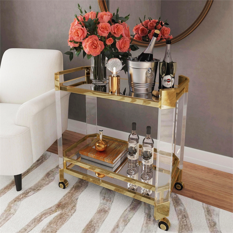 Pemberly Row Contemporary Acrylic 2-Tier Bar Cart - Clear & Gold
