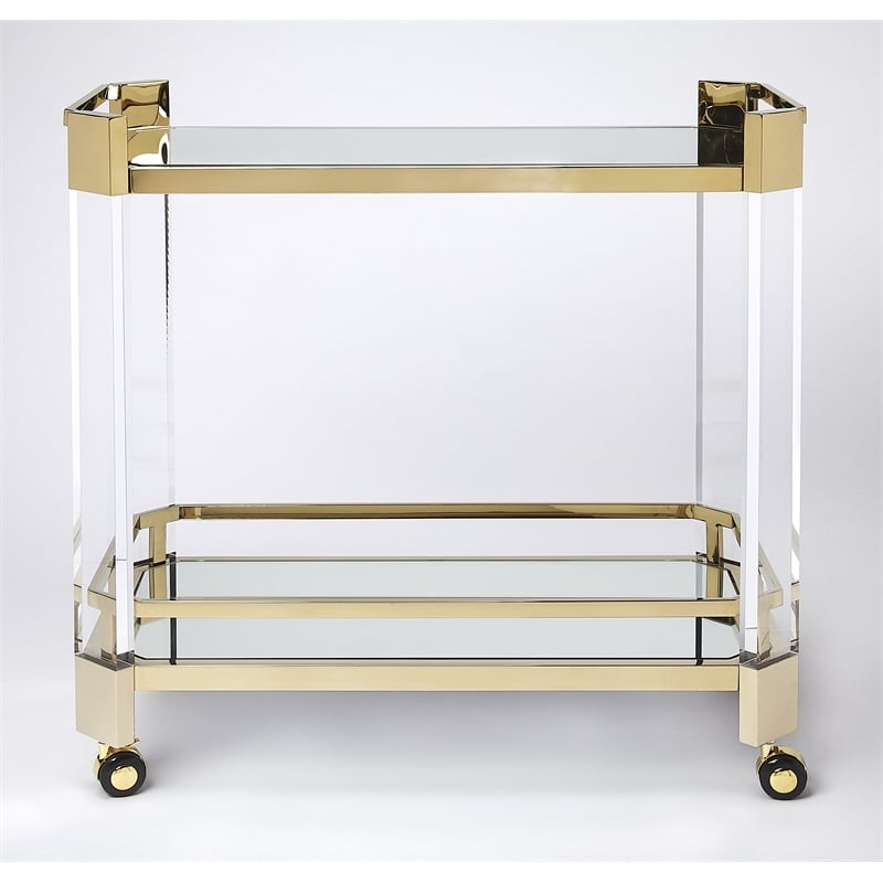 Pemberly Row Contemporary Acrylic 2-Tier Bar Cart - Clear & Gold