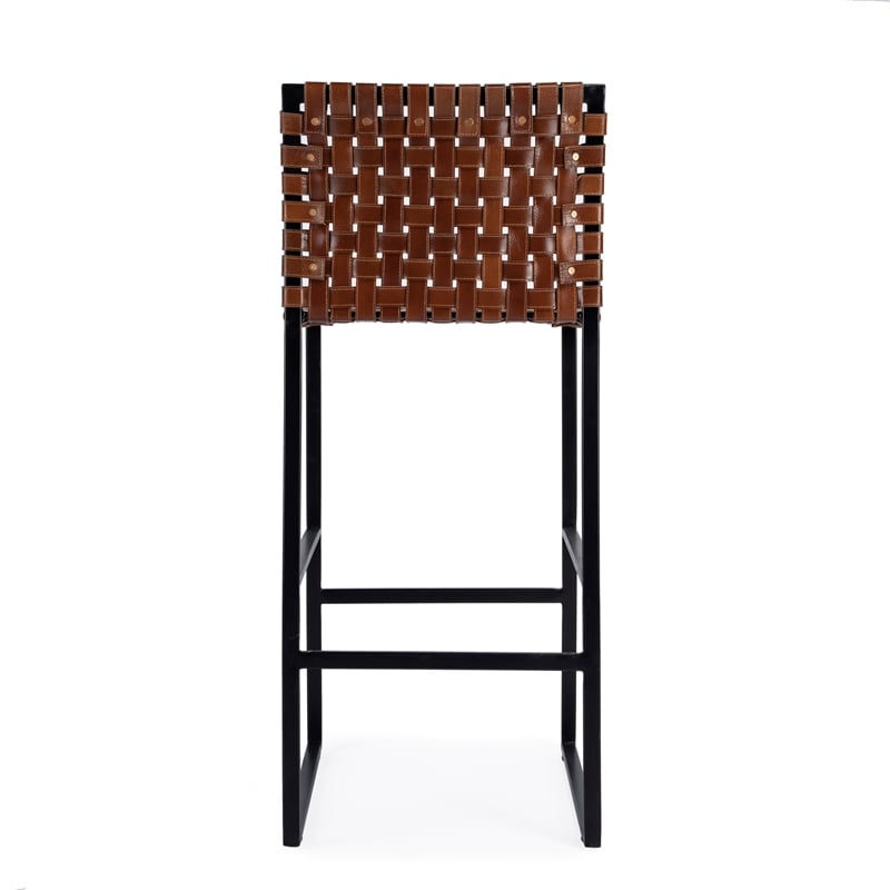 Pemberly Row Contemporary Woven Leather Bar Stool In Brown Finish