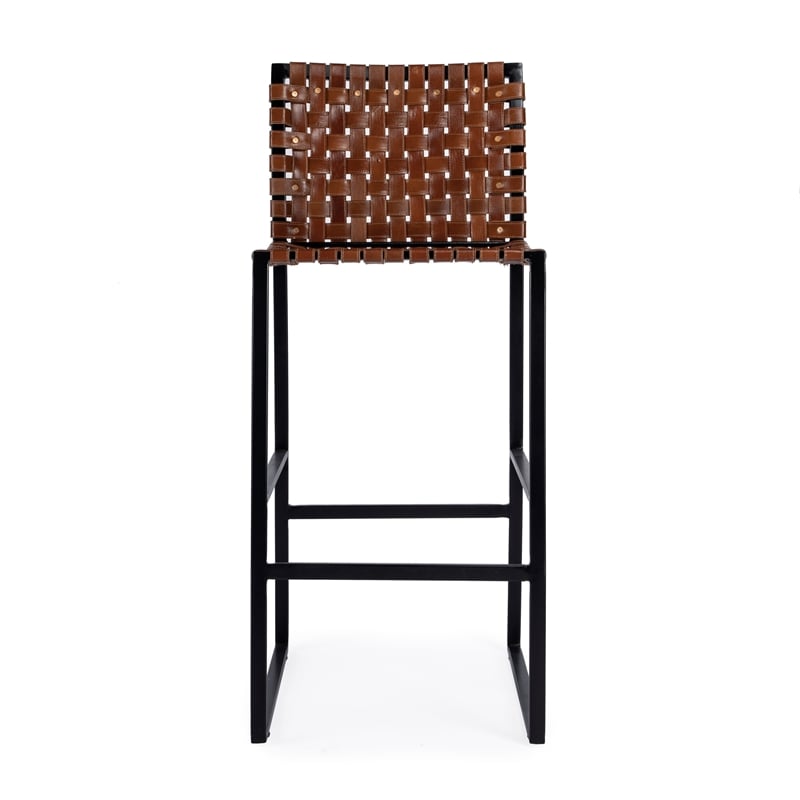 Pemberly Row Contemporary Woven Leather Bar Stool In Brown Finish