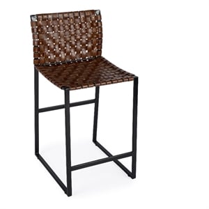 Pemberly Row Leather Bar Stool Chair in Brown With Square Seat & Footrest