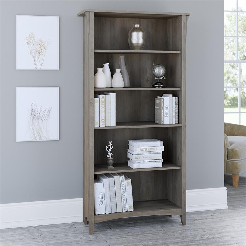 Pemberly Row Contemporary Tall 5 Shelf Bookcase in Driftwood Gray