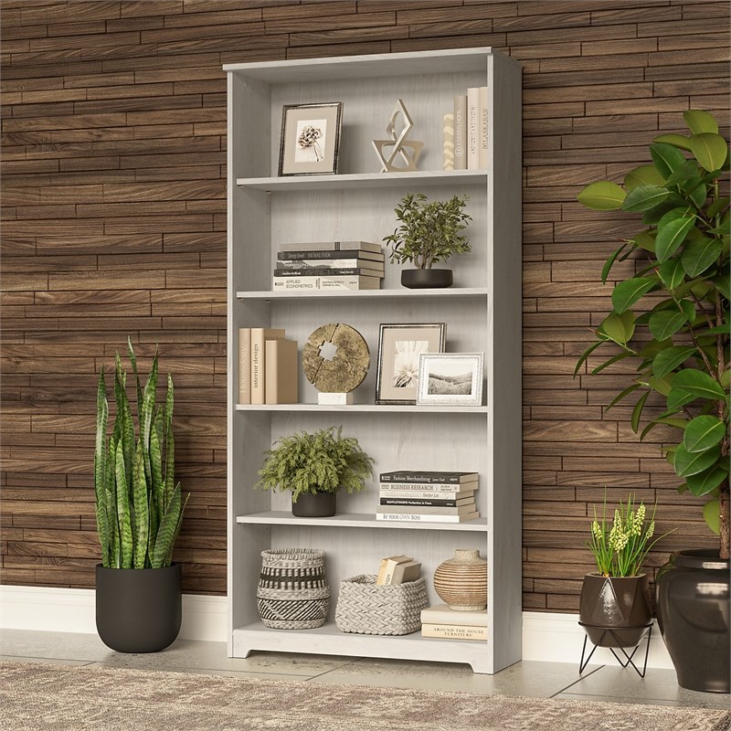 Pemberly Row 5 Shelf Tall Bookcase in Linen White Oak - Engineered Wood