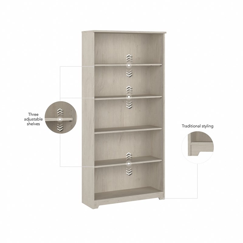 Pemberly Row 5 Shelf Tall Bookcase in Linen White Oak - Engineered Wood