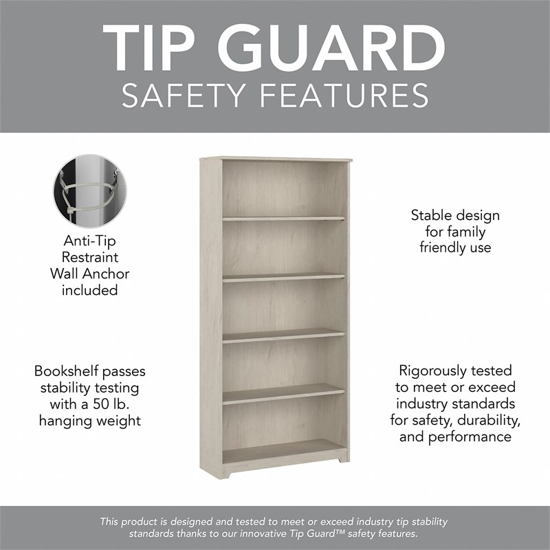 Pemberly Row 5 Shelf Tall Bookcase in Linen White Oak - Engineered Wood