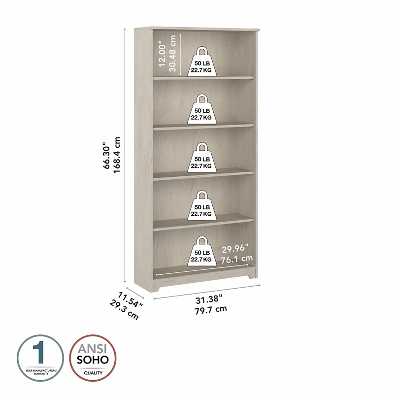 Pemberly Row 5 Shelf Tall Bookcase in Linen White Oak - Engineered Wood