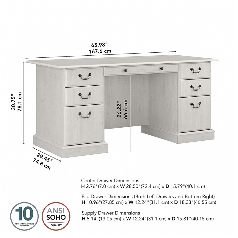 Pemberly Row Modern Executive Desk with Drawers in Linen White Oak