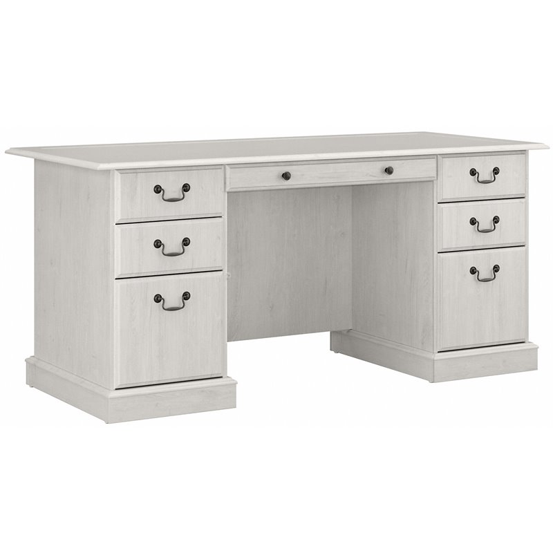 Pemberly Row Modern Executive Desk with Drawers in Linen White Oak