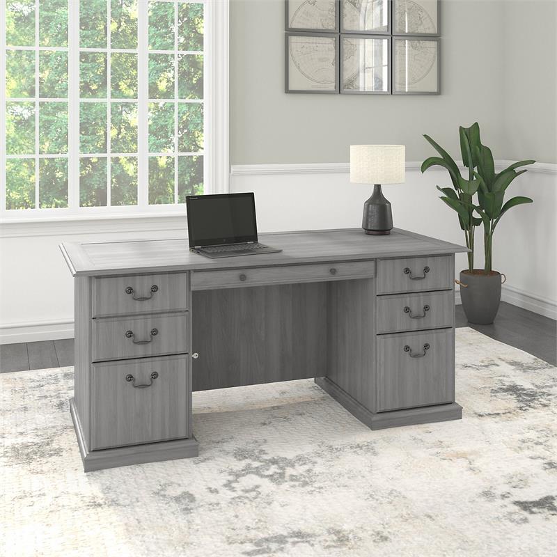 Pemberly Row Modern Executive Desk with Drawers in Modern Gray