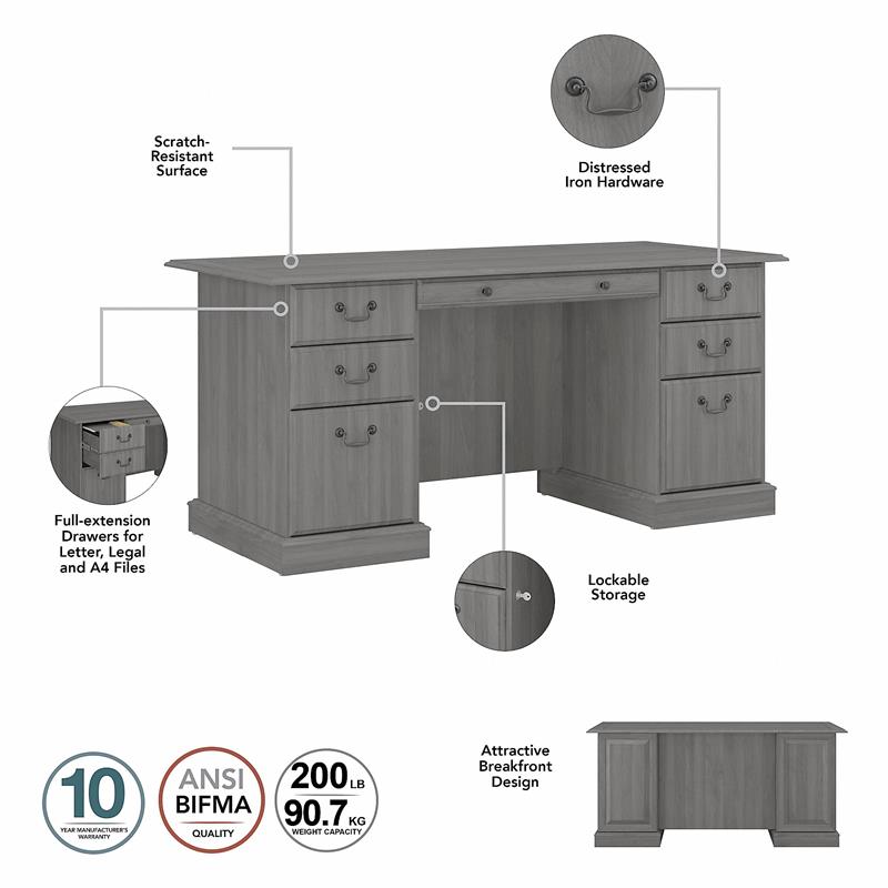 Pemberly Row Modern Executive Desk with Drawers in Modern Gray