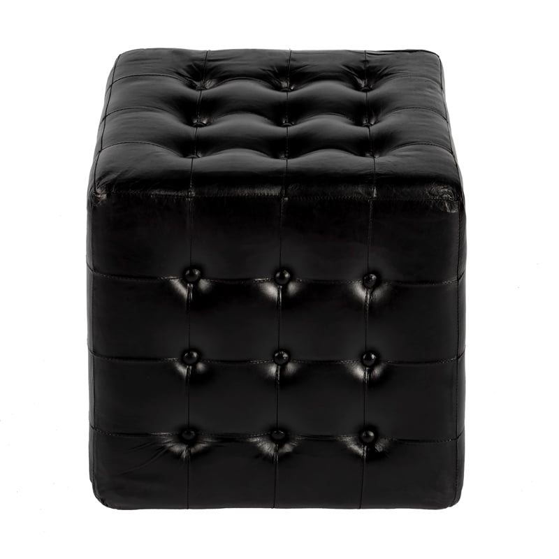 Pemberly Row Contemporary Button Tufted Black Leather Ottoman