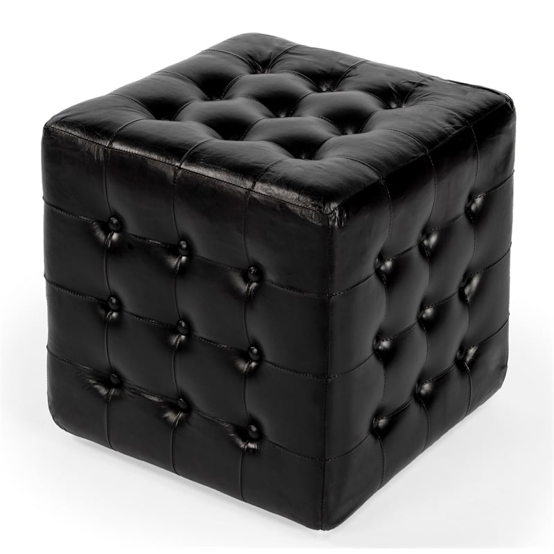 Pemberly Row Contemporary Button Tufted Black Leather Ottoman