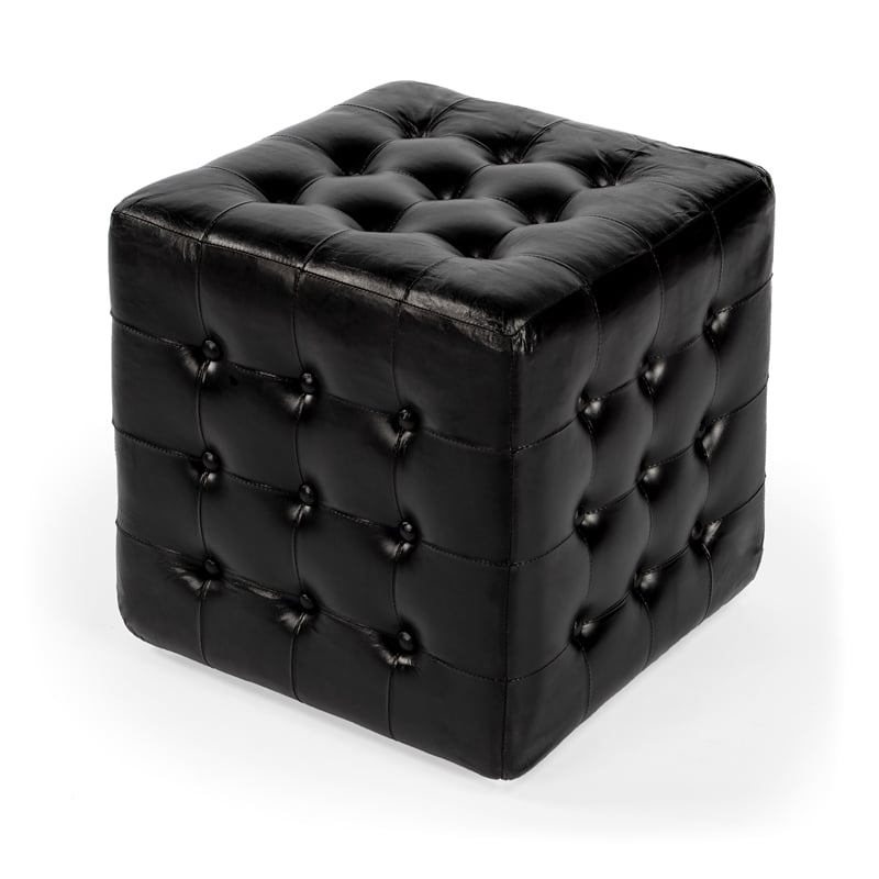 Pemberly Row Contemporary Button Tufted Black Leather Ottoman