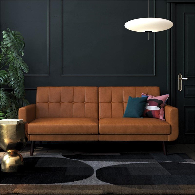 Pemberly Row Modern Adjustable Faux Leather Futon Sofa Bed in Camel Tan