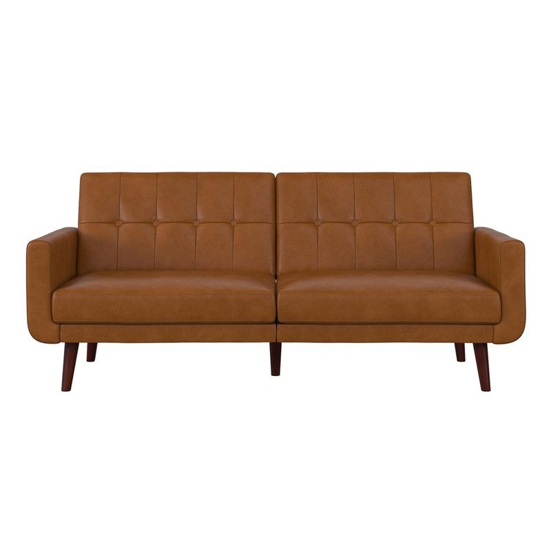 Pemberly Row Modern Adjustable Faux Leather Futon Sofa Bed in Camel Tan