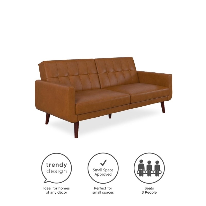 Pemberly Row Modern Adjustable Faux Leather Futon Sofa Bed in Camel Tan