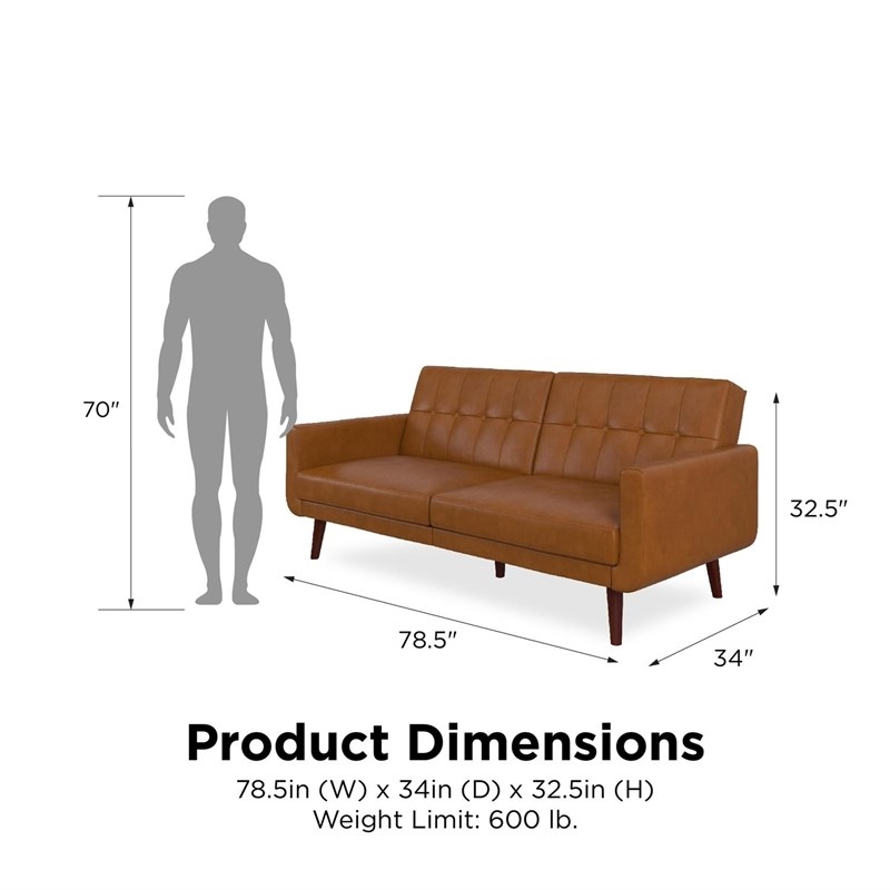 Pemberly Row Modern Adjustable Faux Leather Futon Sofa Bed in Camel Tan