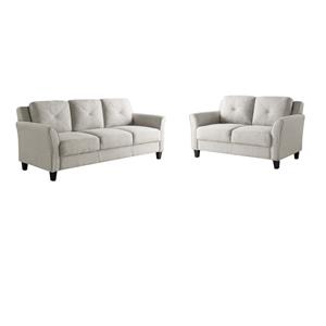 Pemberly Row Set of 2 Stationary Sofa and Loveseat in Beige Fabric Upholstery