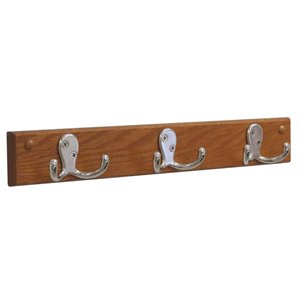 pemberly row 3 hook wall coat rack rail in medium oak and nickel