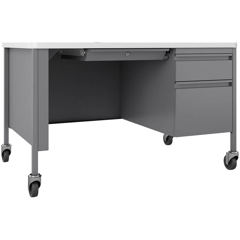 Pemberly Row 30x48 Mobile Right Hand Single Pedestal Metal Desk in Silver/White