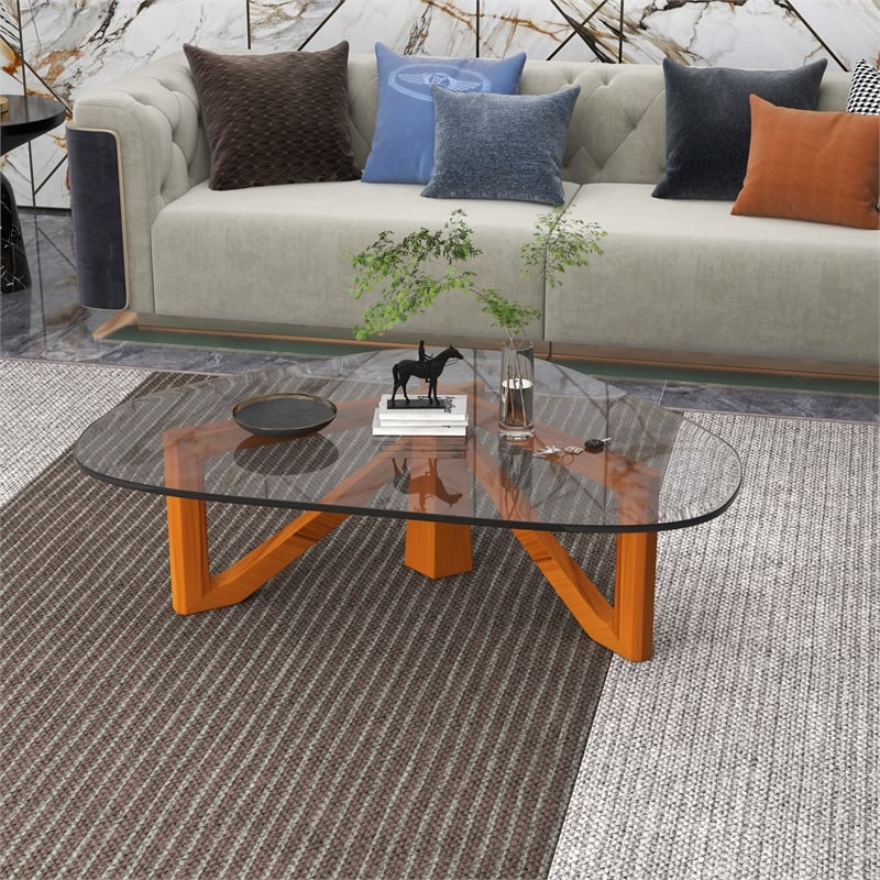 Pemberly Row Contemporary Triangle Coffee Table in Light Walnut