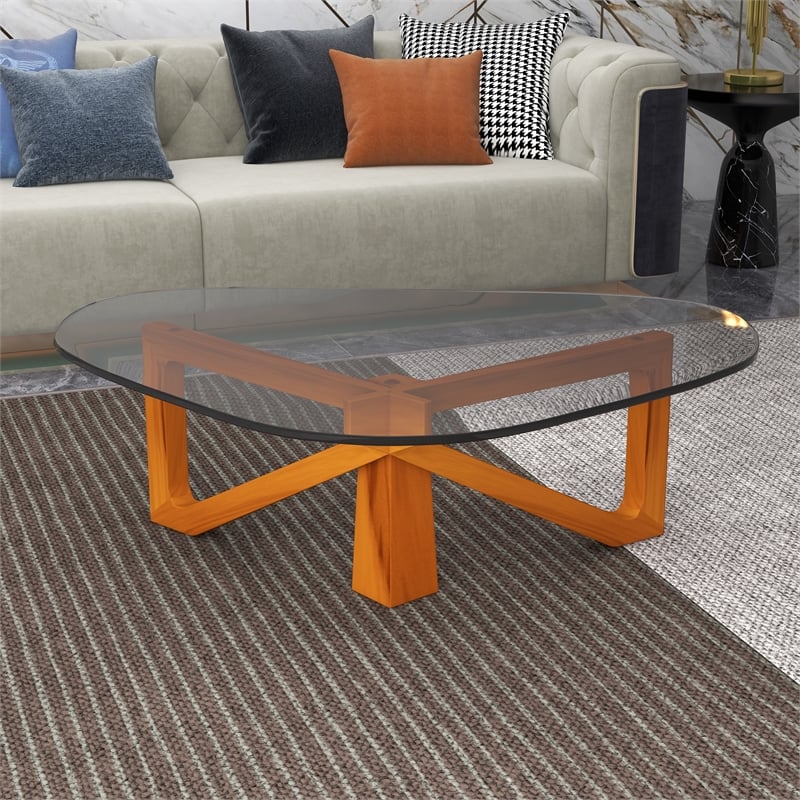 Pemberly Row Contemporary Triangle Coffee Table in Light Walnut