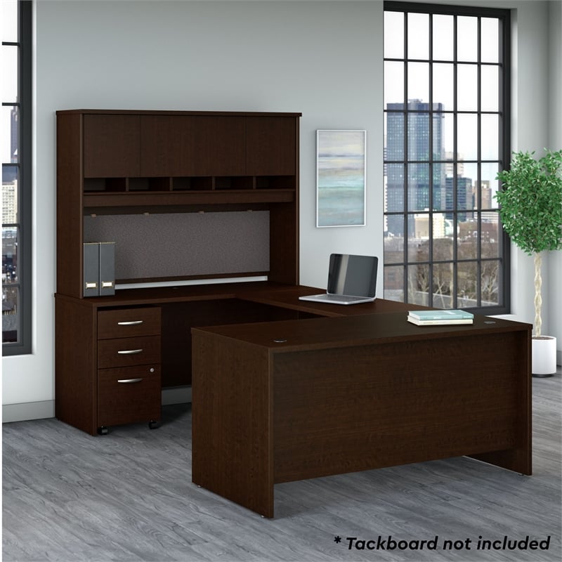 Pemberly Row 60W U Desk with Hutch and Drawers in Mocha Cherry - Engineered Wood