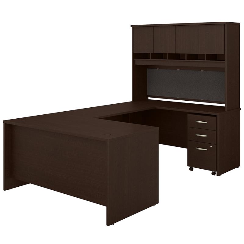 Pemberly Row 60W U Desk with Hutch and Drawers in Mocha Cherry - Engineered Wood
